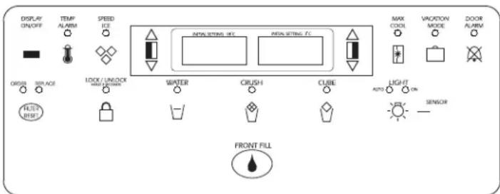 DISPLAY ON/OFF TEMP ALARM SPEED ICE MAX SITING I.C. MAX SITING F.C. MAX COOL VACATON MODE DOOR ALARM OFFSET SPACE LOCK / UNLOCK WHIP LICHERS WATER CRUSH CUBE AUTO ON AUTO FREE SENSOR FRONT FILL