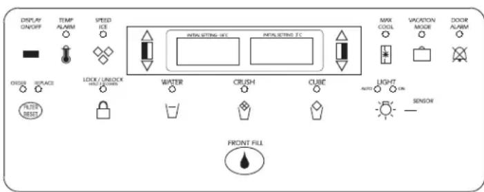 DISPLAY ON/OFF TEMP ALARM SPEED ICE INTUITING ICE INTUITING FC MAX COOL VACATON MODE DOOM ALARM ORANGE SPACE LOCK/UNLOCK HOLD/LOCKER WATER CRUSH CUBE LIGHT AUTO ON SENSOR FILTER DESL FRONT FILL