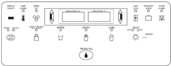 DISPLAY ON/OFF TEMP ALARM SPEED ICE ORDER SPACE LOCK/UNLOCK HOLD CAPSICUM WATER CRUSH CUBE MAX COOL VACATION MODE DOOR ALARM LIGHT ON AUTO - SENSOR FRONT FILL