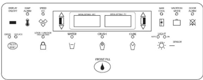 DISPLAY ON/OFF TEMP ALARM SPEED ICE MAX SETTING - ICC MAX SETTING - TC MAX COOL VACATON MODE DOOR ALARM ORDER SPACE LOCK / UNLOCK WHIP LAYOUT WATER CRUSH CLUBE LIGHT AUTO ON SENSOR FLOAT RESET FRONT FILL