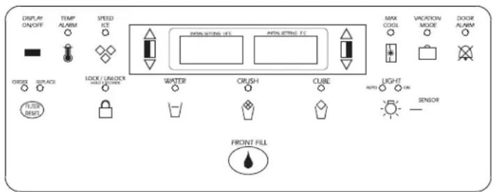 DISPLAY ON/OFF TEMP ALARM SPEED ICE INTENSITING ICT INTENSITING TC MAX COOL VACATION MODE DOOR ALARM ORDER SPACES LOCK/UNLOCK AUTO SWITCH WATER CRUSH CUBE LIGHT AUTO SENSOR TURB REST FRONT FILL