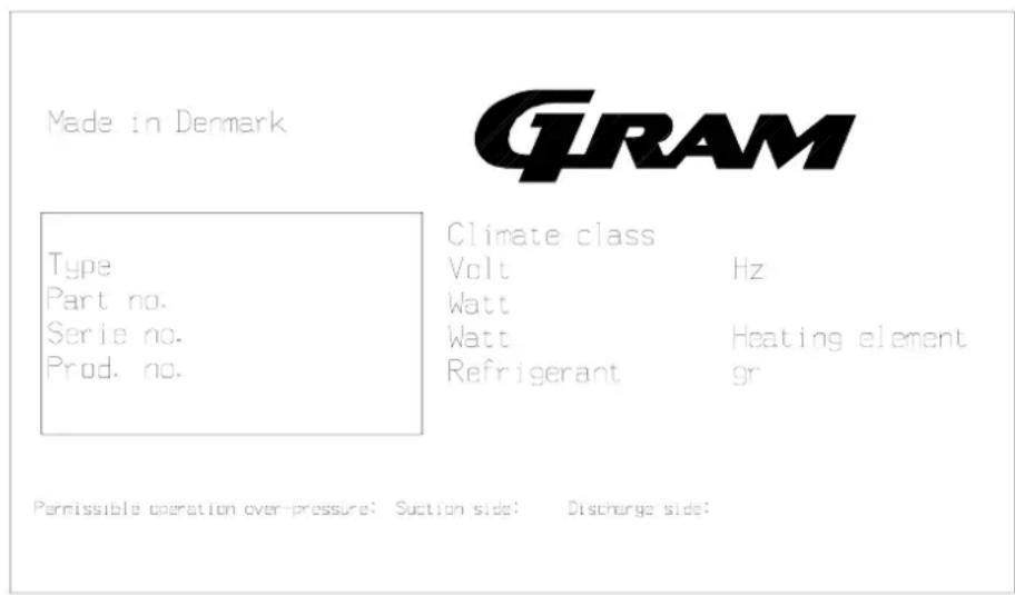 Made in Denmark Type Part no. Serie no. Prod. no. Climate class Volt Hz Watt Watt Heating element Refrigerant gr Permissible operation over-pressure: Suction side: Discharge side: