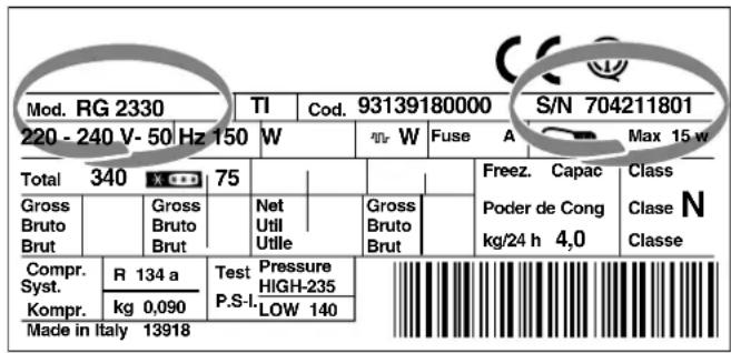 Mod. RG 2330 TI Cod. 93139180000 S/N 704211801 220 - 240 V- 50 Hz 150 W W Fuse A Max 15 w Total 340 XCO 75 Gross Bruto Brut Gross Bruto Brut Net Util Utile Gross Bruto Brut Freez. Capac Poder de Cong kg/24 h 4,0 Class N Classe Compr. R 134 a Test Pressure HIGH-235 Syst. Kompr. P.S.I. LOW 140 kg 0,090 Made in Italy 13918