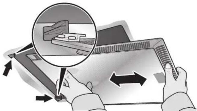 Illustration of hands using a tablet device to interact with a laptop, showing a magnified view of the screen (no text or symbols present)