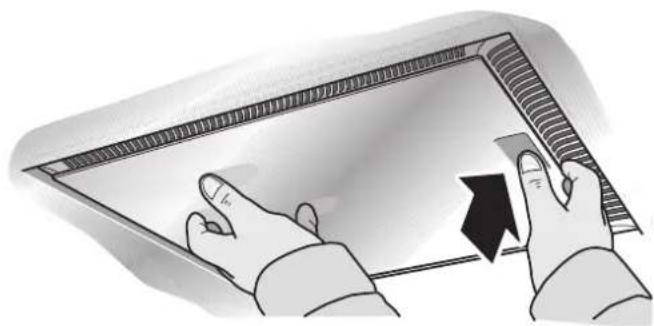 Illustration of hands interacting with a digital display panel, showing a black arrow indicating rotation (no text or symbols present)
