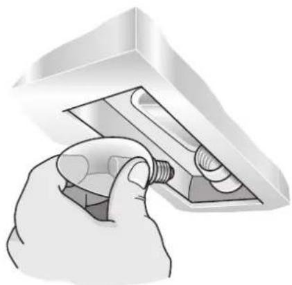 Hand holding a bulb inserted into a light bulb inside a white ceiling fixture (no text or symbols visible)