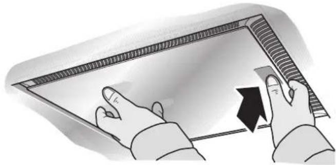 Illustration of hands holding a rectangular object with a black arrow pointing to it (no text or symbols present)