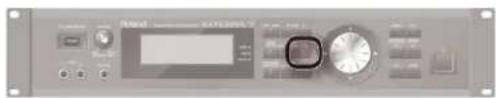 Front panel of a digital audio recording device with control knobs, display screen, and a highlighted button