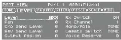 PART VIEW Part 1 0001:Planol TONE LEVEL VECY KRED/FITCH OFFSET S SCALE M HOLE Level....120 Rx Switch ON Pan 0 Rx Channel 1 Cho Send Level 0 Mono/Poly TONE Rev Send Level 0 Lesato Switch TONE OUTPUT ASSIGN A Voice Reserve 0