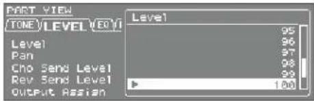 PART VIEW (TONE) LEVEL (OUT) Level 95 Pan 96 Cho Send Level 97 Rev Send Level 98 Output Assign 100