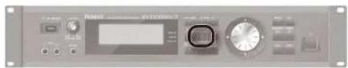 Front panel of an electronic device with control panel, display screen, and rotary dial
