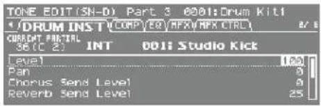 TONE EDIT(SN-D) Part 3 0001:Drum Kit1 * /DRUM INST (CORP) [DX/AFX/ARX CTRL] CURRENT PRETAL 36(C 2) INT 001 Studio Kick Level 1.00 Pan 0 Chorus Send Level 0 Reverb Send Level 25