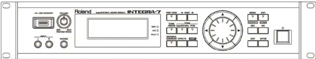 USER MISMORY VOLUME MIN MAX PREVIEW PUSH INPUT L R PHONES Roland SuperNATURAL SOUND MODULE INTEGRA-7 MIN □ UNIT □ PEAK □ PART VIEW ← PART ► TONE TONE FINDER SUPERNATURAL PCM MOTIONAL SURROUND EFFECTS SHIFT MENU EXIT EXPANSION WIRE DEC INC EXIT ENTER