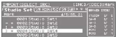 IMPORT (SELECT SRC) [INC]/[DEC]: Mark Studio Set\nSN RECONSIC\nSN SUM > 1/2 MARK 4/5 (SEL 3) 0001 Studio Set1 - * 0002 Studio Set2 : * 0003 Studio Set3 > * 0004 Studio Set4 0005 Studio Set5 BRANKED ITEMS STUDIO 8' 5 SN-R 8' 1 SN-S 8' 1 PANO 8' 1 PANO 8' 1