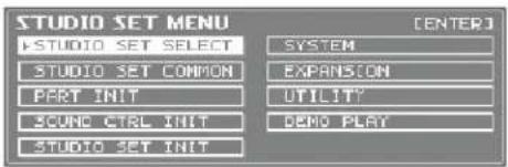 STUDIO SET MENU +STUDIO SET SELECT STUDIO SET COMMON PERT INIT ECONC CTRL INIT STUDIO SET INIT [ENTER] SYSTEM EXPANSION UTILITY DEMO PLAY