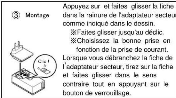 ③ Montage Appuyez sur et faites glisser la fiche dans la rainure de l'adaptateur secteur comme indiqué dans le dessin. ※Faites glisser jusqu'au déclic. ※Choisissez la bonne prise en fonction de la prise de courant. Lorsque vous débranchez la fiche de l'adaptateur secteur, tirez sur la fiche et faites glisser dans le sens contraire tout en appuyant sur le bouton de verrouillage.