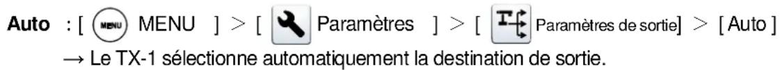 Auto : [ MENU MENU ] > [ Paramètres ] > [ Paramètres de sortie] > [ Auto ] → Le TX-1 sélectionne automatiquement la destination de sortie.