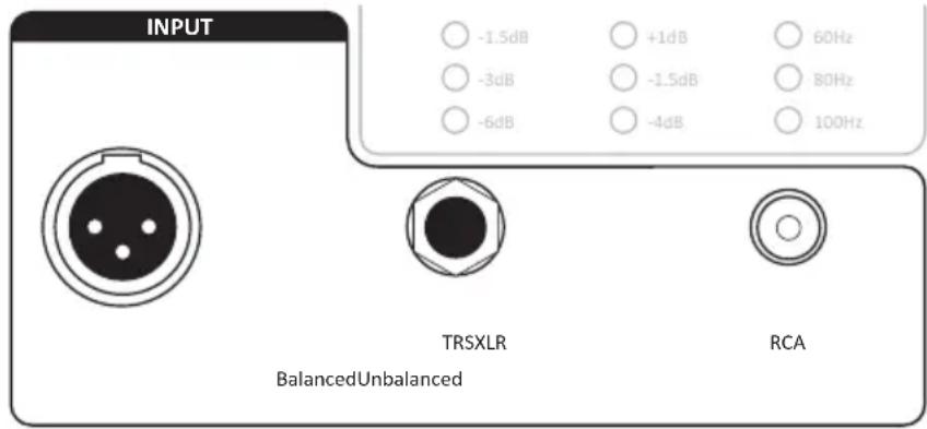 INPUT -1.5dB +1dB 60Hz -3dB -1.5dB 80Hz -6dB -4dB 100Hz TRSXLR RCA BalancedUnbalanced
