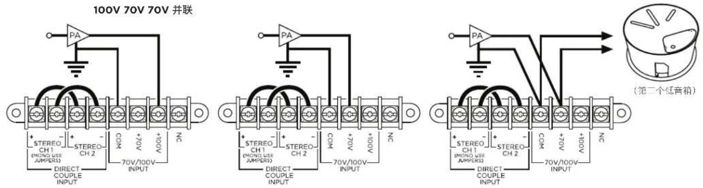 100V 70V 70V 并联 + STEREO CH 1 (MONO USE JUMPERS) + STEREO CH 2 COM +70V +300V N 70V/100V INPUT PA + STEREO CH 1 (MONO USE JUMPERS) + STEREO CH 2 COM +70V +300V N 70V/100V INPUT PA + STEREO CH 1 (MONO USE JUMPERS) + STEREO CH 2 COM +70V +300V N 70V/100V INPUT PA (第二个低音箱)