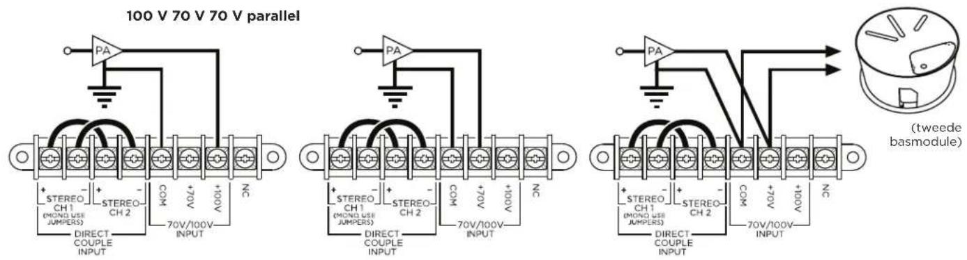 100 V 70 V 70 V parallel + STEREO CH 1 (MONO USE JUMPERS) DIRECT COUPLE INPUT - STEREO CH 2 COM +70V +100V NC 70V/100V INPUT PA + STEREO CH 1 (MONO USE JUMPERS) DIRECT COUPLE INPUT - STEREO CH 2 COM +70V +100V NC 70V/100V INPUT PA + STEREO CH 1 (MONO USE JUMPERS) DIRECT COUPLE INPUT - STEREO CH 2 COM +70V +100V NC 70V/10Ov INPUT (tweede basmodule)
