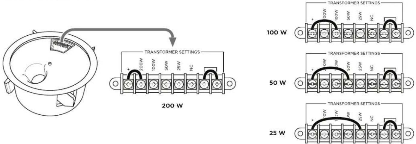 TRANSFORMER SETTINGS 200 W 100 W TRANSFORMER SETTINGS 50 W TRANSFORMER SETTINGS 25 W