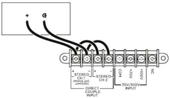 + G + STEREO CH 1 (MONING USE JUMPERS) + STEREO CH 2 DIRECT COUPLE INPUT COM + 70V + 100V INPUT NC 70V/100V