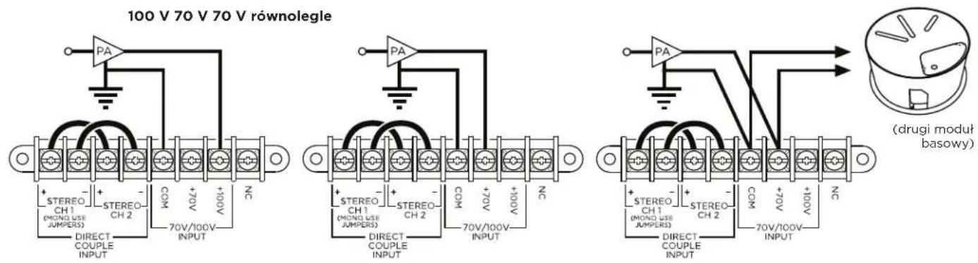 100 V 70 V 70 V równolegle + STEREO CH 1 (MONO USE JUMPERS) DIRECT COUPLE INPUT - STEREO CH 2 COM +70V +100V NC 70V/100V INPUT PA + STEREO CH 1 (MONO USE JUMPERS) DIRECT COUPLE INPUT - STEREO CH 2 COM +70V +100V NC 70V/100V INPUT PA + STEREO CH 1 (MONO USE JUMPERS) DIRECT COUPLE INPUT - STEREO CH 2 COM +70V +100V NC 70V/10Ov INPUT drugs moduł basowy