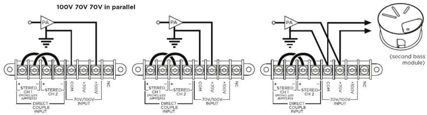 100V 70V 70V in parallel + STEREO CH 1 (MONO USE JUMPERS) DIRECT COUPLE INPUT - STEREO CH 2 COM +70V +100V NC 70V/100V INPUT PA + STEREO CH 1 (MONO USE JUMPERS) DIRECT COUPLE INPUT - STEREO CH 2 COM +70V +100V NC 70V/100V INPUT PA + STEREO CH 1 (MONO USE JUMPERS) DIRECT COUPLE INPUT - STEREO CH 2 COM +70V +100V NC 70V/10Ov INPUT (second bass module)