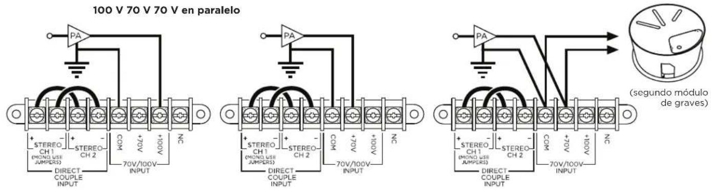 100 V 70 V 70 V en paralelo + STEREO CH 1 (MONO USE JUMPERS) DIRECT COUPLE INPUT - STEREO CH 2 COM +70V +100V NC 70V/100V INPUT PA + STEREO CH 1 (MONO USE JUMPERS) DIRECT COUPLE INPUT - STEREO CH 2 COM +70V +100V NC 70V/100V INPUT PA + STEREO CH 1 (MONO USE JUMPERS) DIRECT COUPLE INPUT - STEREO CH 2 COM +70V +100V NC 70V/10Ov INPUT Pegundo módulo de graves)
