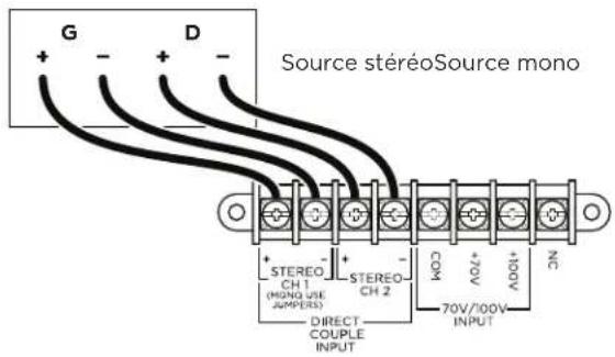 G + - + - D Source stéréoSource mono + STEREO CH 1 (HSNO USE JUMPERS) STEREO CH 2 COM 70V 400V NC DIRECT COUPLE INPUT 70V/100V INPUT