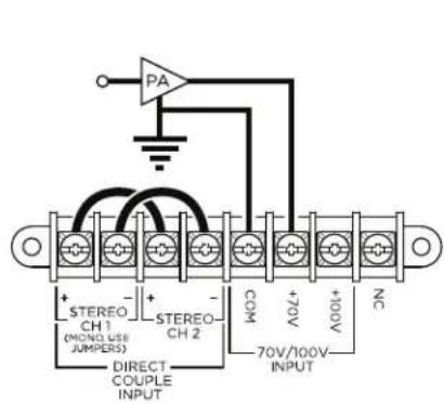 PA + STEREO CH 1 - (MONO USE JUMPERS) - STEREO CH 2 - DIRECT COUPLE INPUT COM 70V/100V INPUT + + + + - + + + Nc