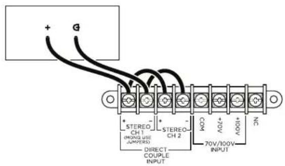 + G + STEREO CH 1 + (HONG USE JUMPERS) + STEREO CH 2 - DIRECT COUPLE INPUT COM + 20V 70V/100V INPUT + 100V NC