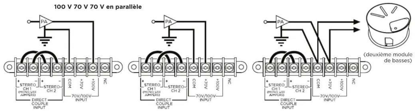 100 V 70 V 70 V en parallèle + STEREO CH 1 (MONO USE JUMPERS) DIRECT COUPLE INPUT - STEREO CH 2 COM +70V +100V NC 70V/100V INPUT PA + STEREO CH 1 (MONO USE JUMPERS) DIRECT COUPLE INPUT - STEREO CH 2 COM +70V +100V NC 70V/100V INPUT PA + STEREO CH 1 (MONO USE JUMPERS) DIRECT COUPLE INPUT - STEREO CH 2 COM +70V +100V NC 70V/10Ov INPUT (deuxième module de basses)