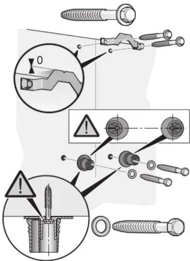 Technical diagram illustrating bolt hole assembly and safety warning, showing disassembly and disassembly steps with magnified views.