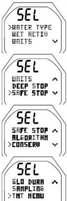 OCEANIC OCI - RÉGLAGE D'UN PALIER PROFOND (DEEP STOP) lors de plongées sans décompression uniquement : paramètres affi chés (Fig. 45) - 1