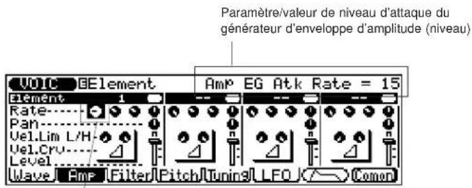 YAMAHA QS300 - Sélectionnez depuis la page d'écran ci-dessus ("Element Amp") le premier potentiomètre de niveau "Rate" pour l'élément 1 (niveau d'attaque du générateur d'enveloppe) et changez la valeur à environ 15. - 1