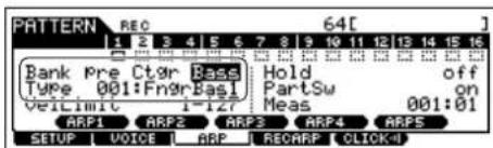 YAMAHA MO6 - Définissez les réglages Arpeggio Bank (Banque d'arpèges), Category (Categorie) et Type liés à l'arpège. - 1