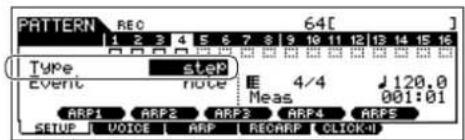 YAMAHA MO6 - Réglez le paramètre TYPE sur « step » (pas) dans l'écran [F1] SETUP. - 1