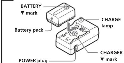 BATTERY ▼ mark Battery pack POWER plug CHARGE lamp CHARGER ▼ mark