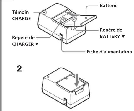 Témoin CHARGE Repère de CHARGER ▼ Batterie Repère de BATTERY ▼ Fiche d'alimentation 2