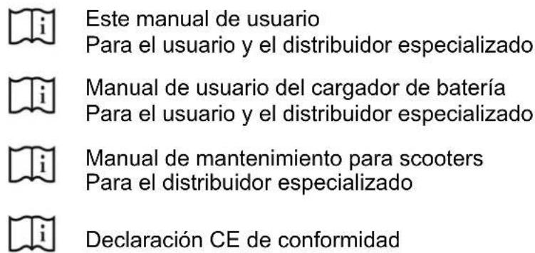 Este manual de usuario Para el usuario y el distribuidor especializado Manual de usuario del cargador de batería Para el usuario y el distribuidor especializado Manual de mantenimiento para scooters Para el distribuidor especializado Declaración CE de conformidad
