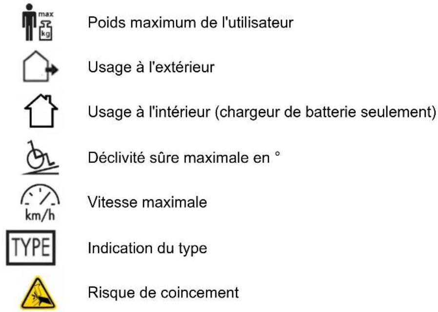 Poids maximum de l'utilisateur Usage à l'extérieur Usage à l'intérieur (chargeur de batterie seulement) Déclivité sûre maximale en ° Vitesse maximale Indication du type Risque de coïncement