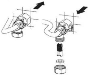 Technical diagram showing two mechanical assembly steps with directional arrows indicating movement or force direction.