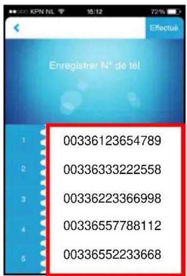 Enregistrer N° de tél 1 00336123654789 2 00336333222558 3 00336223366998 4 00336557788112 5 00336552233668