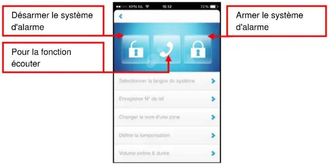 Désarmer le système d'alarme Pour la fonction écouter Armer le système d'alarme Selectionner la langue du système Enregistrer N° de tél Changer le nom d'une zone Définir la lomporisation Volume sirène & durée