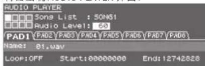 AUDIO PLAYER Some List : SONG1 Audio Level: 60 PAD1 PAD2 PAD3 PAD4 PAD5 PAD6 PAD7 PAD8 Name: 01.wav Loop:OFF Start:00000000 End:12742828