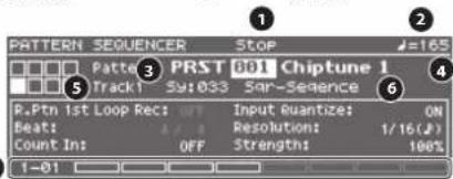 PATTERN SEQUENCER Stop #=165 □ □ □ □ Pattal 3 PRST 001 Chiptune 1 Track 1 S:033 Sar-Sequence 6 P.Ptn 1st Loop Rec: Input Quantize: ON Beat: Resolution: 1/16(φ) Count In: OFF Strength: 100% 1-01