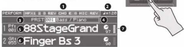 PERFORM MFX1 2 S REV CHO E 0 MIC REV #=120 3 PRST 001 Bass / Piano 1 Pf: 88StageGrand 001 97 2 Gt: Finger Bs 3 055 90