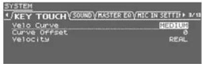 SYSTEM ✓/KEY TOUCH SOUND RASTER EQ MIC IN SETTID 3/10 Yelo Curve HEDUUM Curve Offset 0 Velocity REAL
