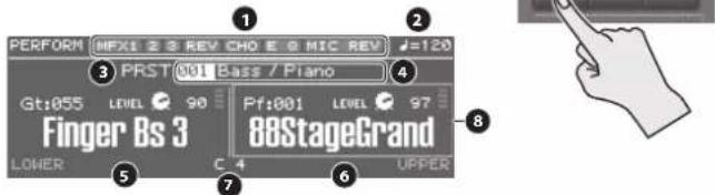 PERFORM INFX1 2 S REV CHO E G MIC REV #=120 3 PRST 001 Bass / Piano Gt:055 LEVEL 90 Pf:001 LEVEL 97 Finger Bs 3 88StageGrand LOWER C 4 UPPER 7 8 1